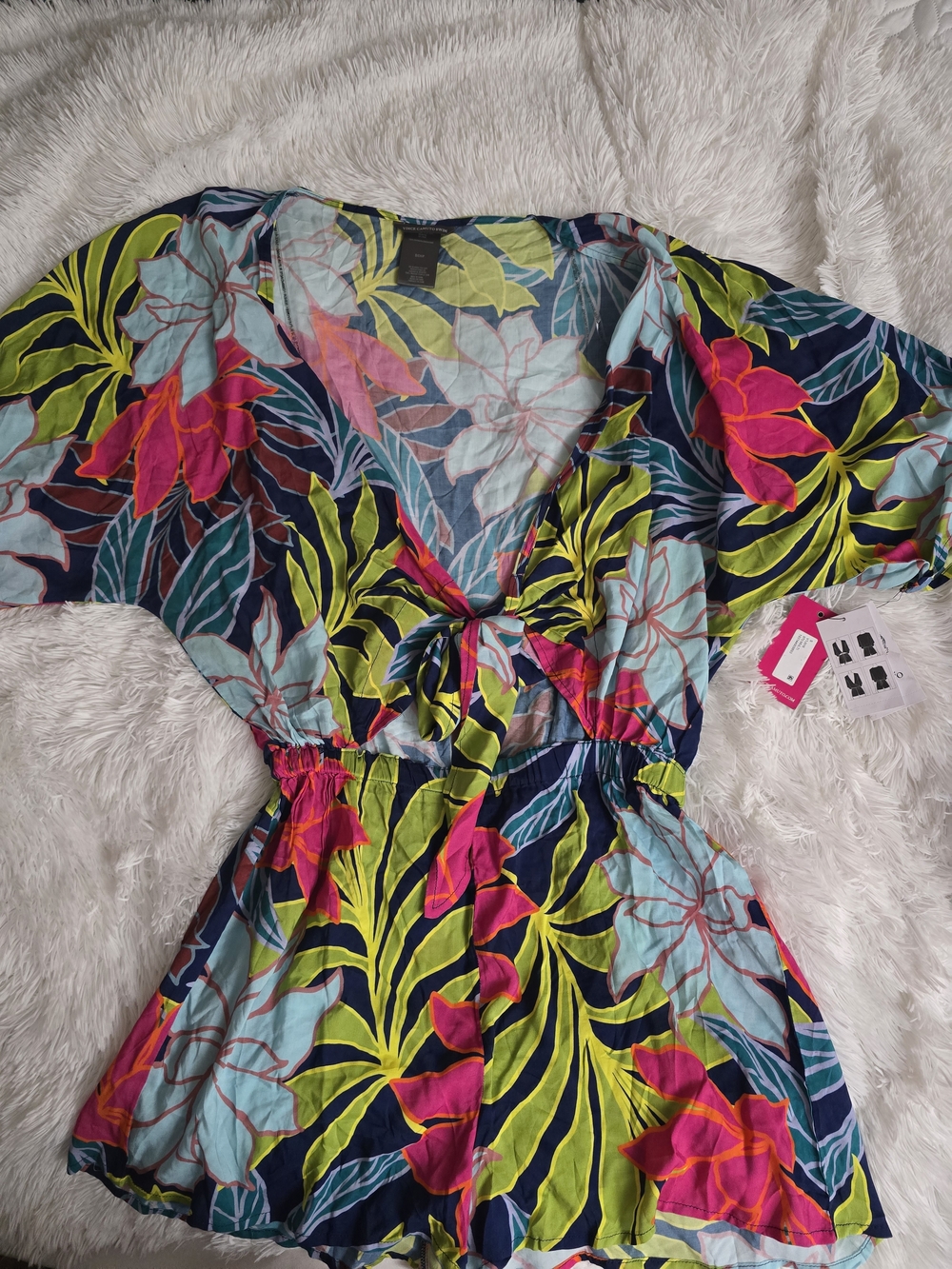 Vince Camuto Swim Tropical Leaf Print Cover-Up in Lime, Navy & Pink